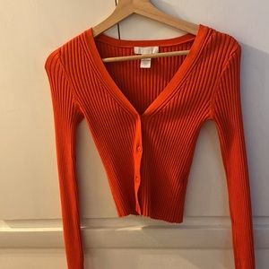 Orange Cropped Rib Knit Cardigan